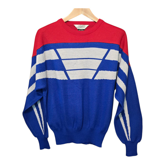 Profile Mens Vintage 80s Sweater Size Medium Red White Blue Colorblock Hong Kong - Picture 2 of 9